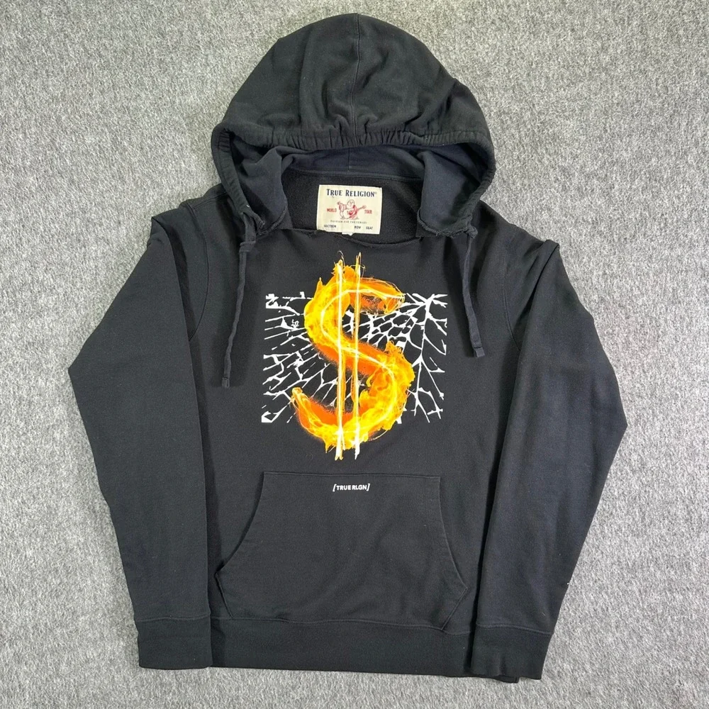 True Religion Hoodie Men's Large‎ Black Flaming Dollar Sign Graphic Pullover